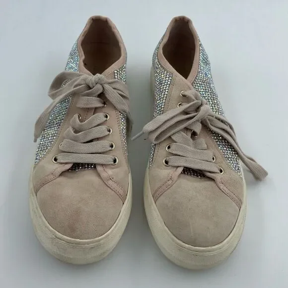 Gianni Bini Zennaa Rhinestone Embellished Blush Pink Suede Lace Up Sneakers - Picture 2 of 5